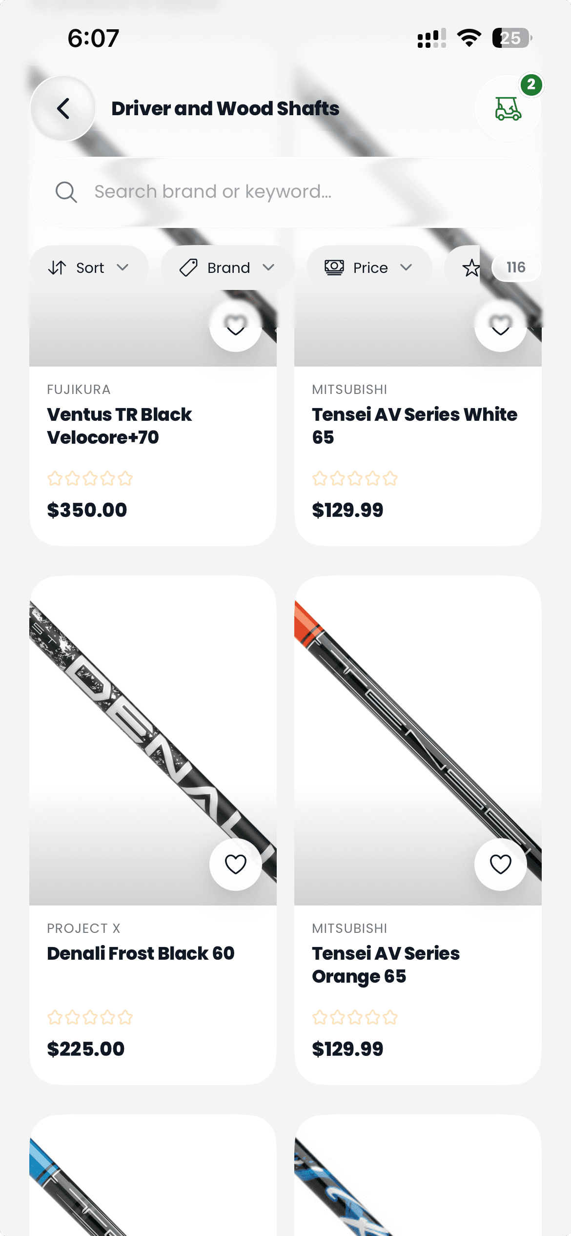 A catalog search for Ventus shafts, with prices.